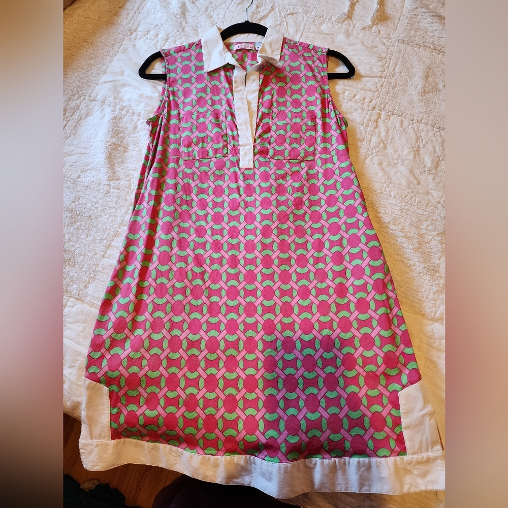 Tizzie tunic dress , sleeveless.  It has pockets !  pink green geometric